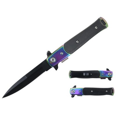 7.25'''' Stiletto Style Black Blade Rainbow Bolster Spring Assisted Folding Knife