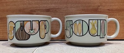 Vintage Ceramic Soup Bowls Cups Mugs Vegetable Theme Stoneware (2)