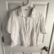 Joie Linen White Short Sleeve Boxy Button up Blouse top Floral Lace Eyelet large