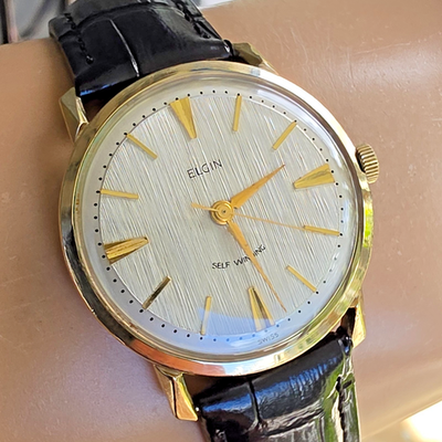 Vintage ELGIN men's automatic watch Linen dial 10K RGP swiss 1950s