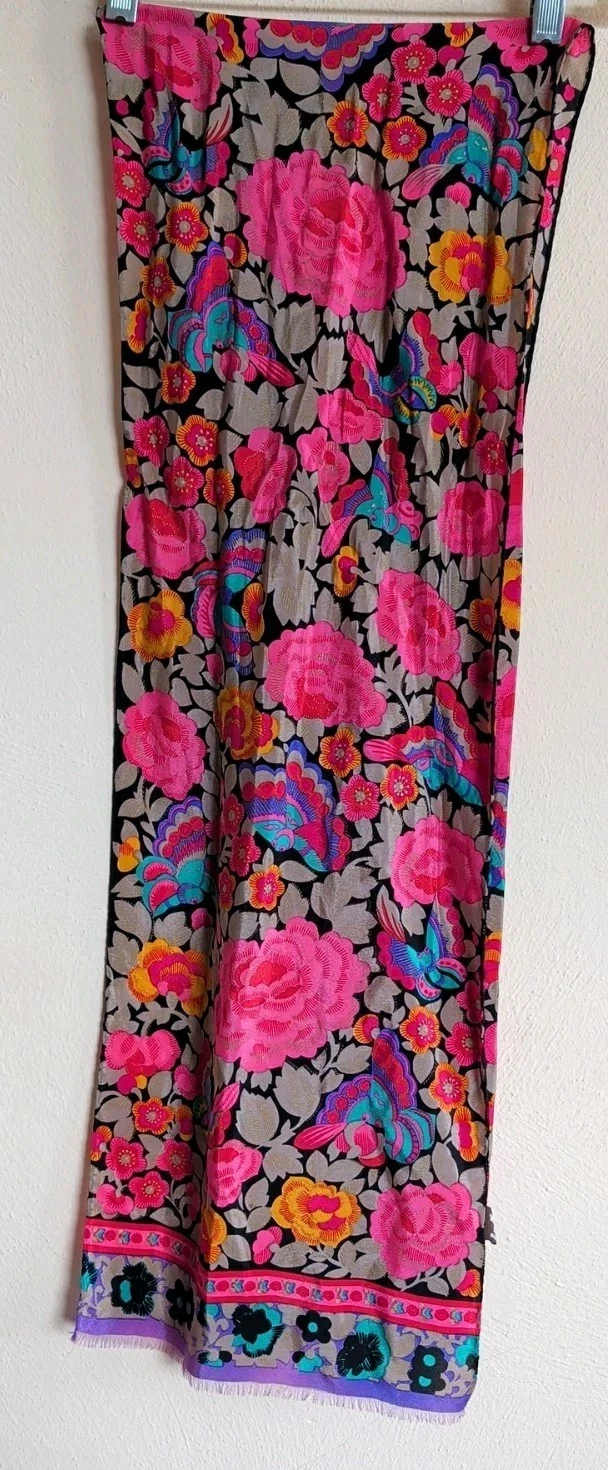 Smithsonian Institution Silk Scarf Floral Butterfly Made in Italy Pink Black 60"