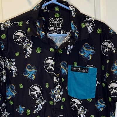 Smog City Brewing Co Shirt Mens Medium Hawaiian Camp Astronaut Short Sleeve
