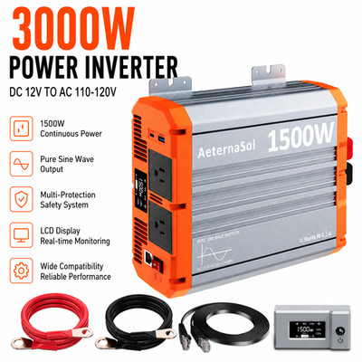 3000W Power Inverter Pure Sine Wave 12V DC to AC 110V 120V Home RV Off Grid US