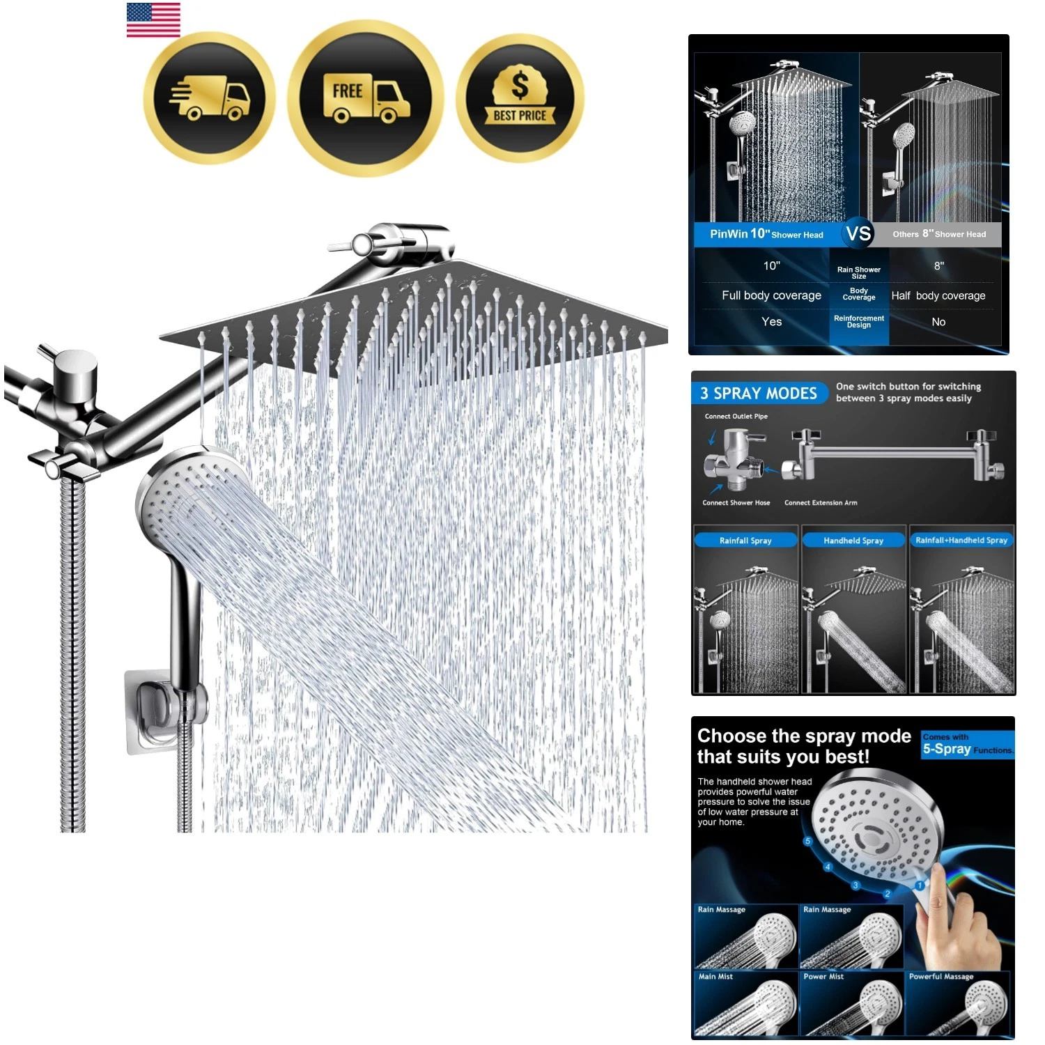 Shower Head Combo 10 Inch Rain Shower Head Handheld Diverter High Pressure Ch...