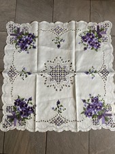 Vintage Square Tablecloth 34x34 Floral Embroidery Cutwork Pansy Flower Purple