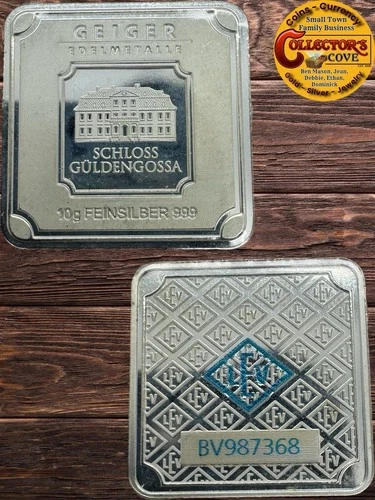 10 Gram .999 Silver Bar Ingot Geiger Edelmetalle Square Security Serial Numbered