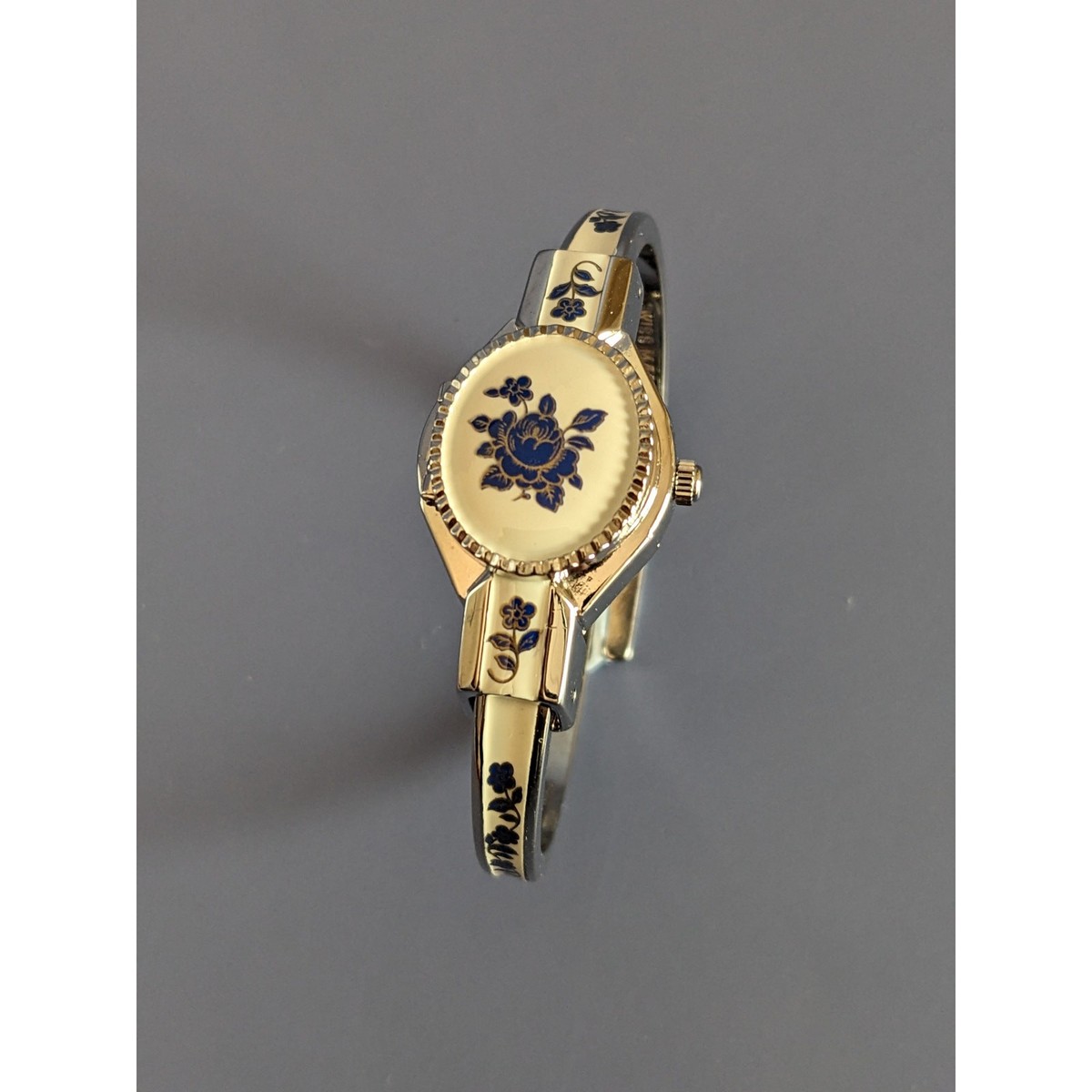 Vintage Andre Mouche Bangle Watch in Beige and Blue Enamel