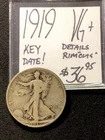 1919 Walking Liberty Silver Half Dollar VG+! Key Date! Details: Rim “cuts”. ENN
