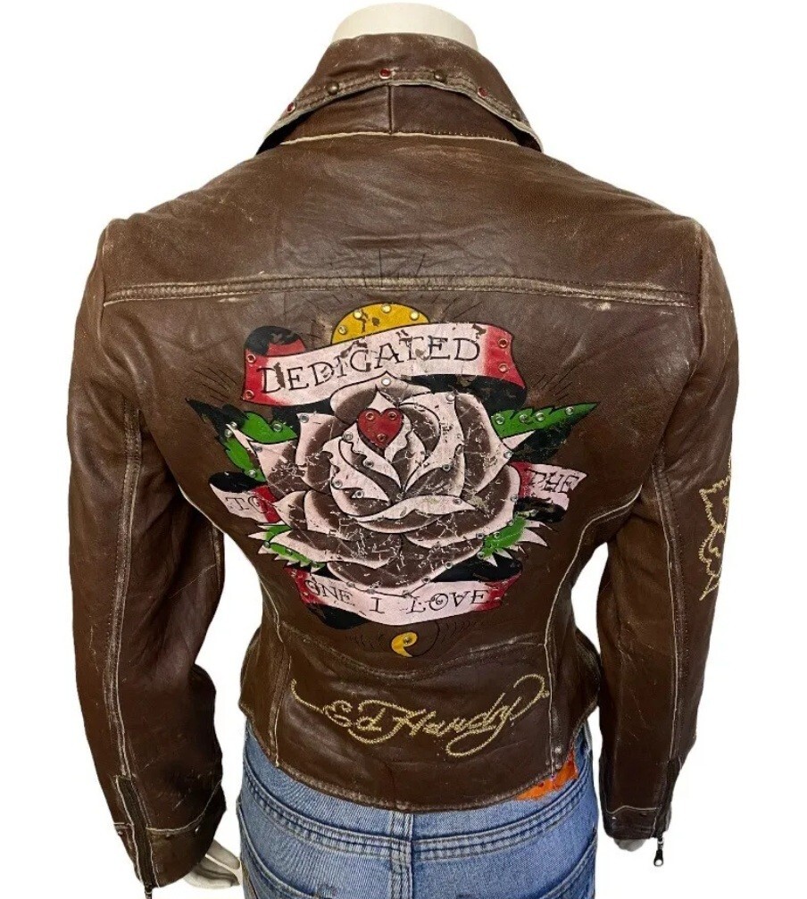 🚨🔥Vintage Ed Hardy Hardy Christian Audigier Womens Leather Jacket SM Moto image 8