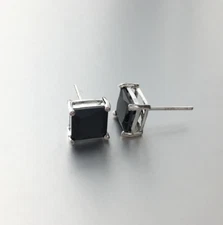Black Square Princess Cut CZ Basket Set Sterling Silver Men Unisex Stud Earrings