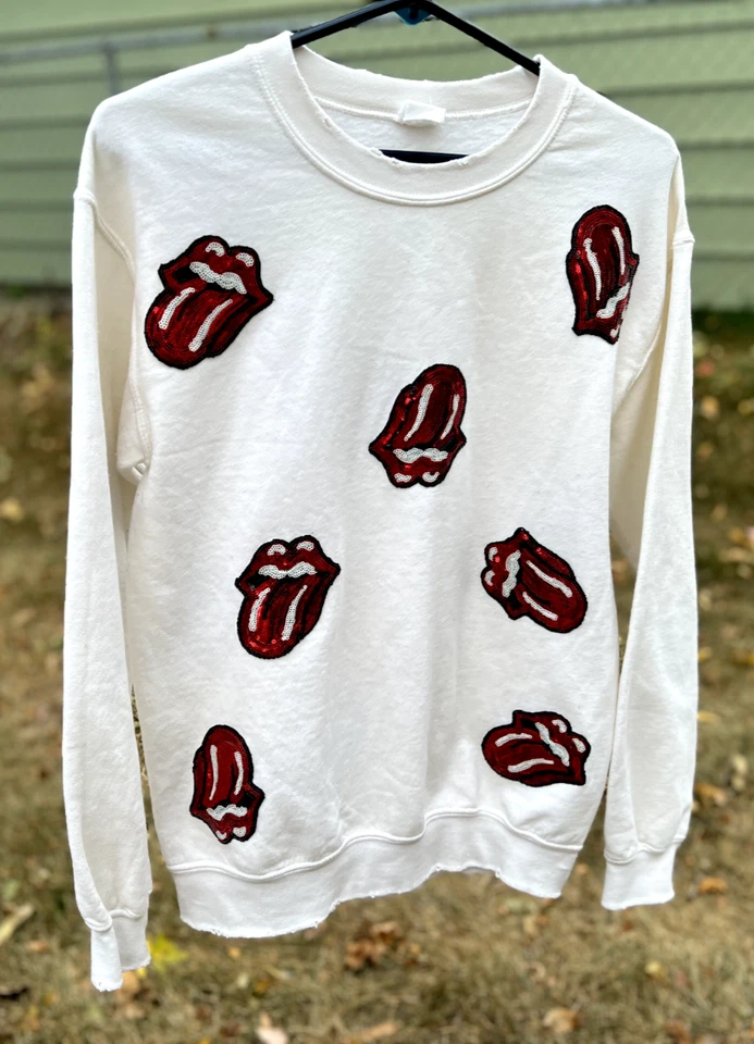 SUDADERA DESGASTADA CON LENTEJUELAS ROLLING STONES RARA USADA XS punk rocker 19" pit Foto 2 de 4