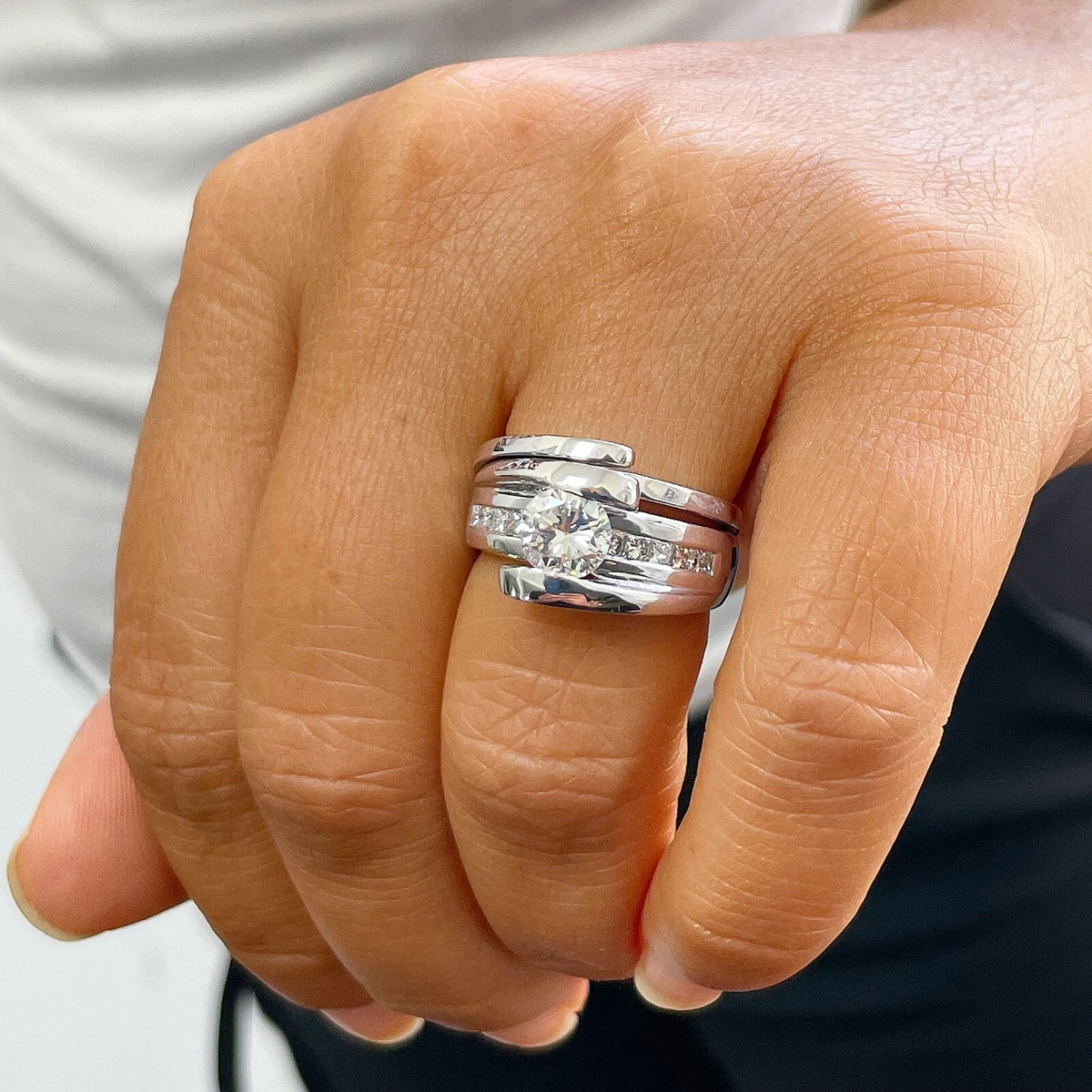 14K WHITE GOLD ROUND SIMULATED DIAMOND ENGAGEMENT RING AND BAND TENSION SET 1.70