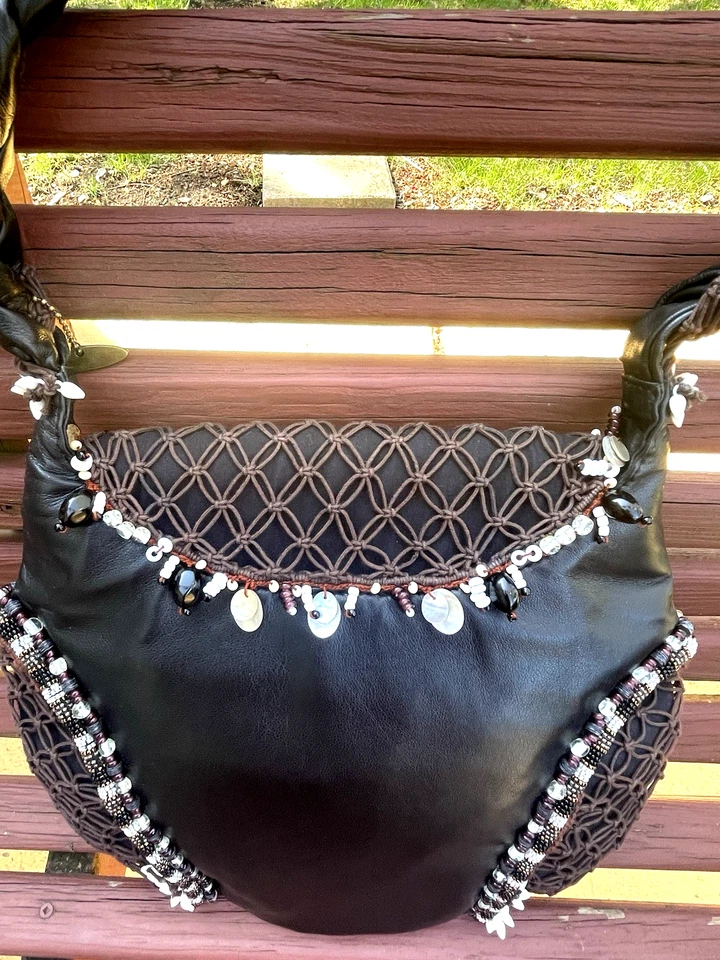 NWOT Mary Frances Black Hobo Shoulder Bag with Beads, Macrame and Braided Strap - Image 2 of 4