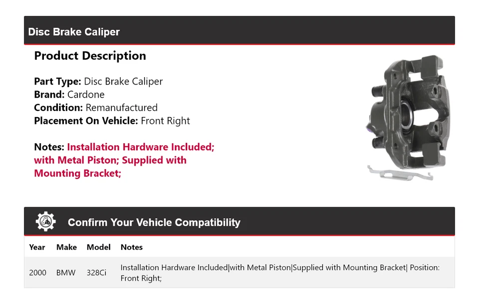 Pinza de freno de disco delantera derecha cardone BMW 328Ci 2000 Foto 2 de 4