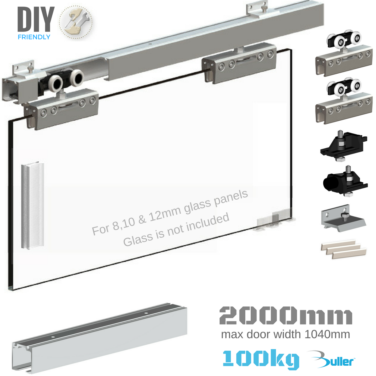Glass Sliding Door Track Gear Set For Doors Max 100kg Door 2000mm (1