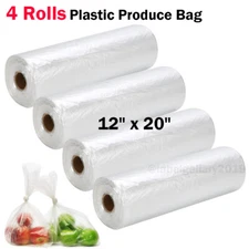 4 Rolls 12"x20" Plastic Produce Bag on a Roll Clear Food Vegetable Storage Bags