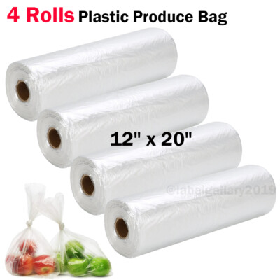4 Rolls 12''x20'' Plastic Produce Bag on a Roll Clear Food Vegetable Storage Bags