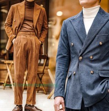 Mens Peak Lapel Suit Jacket Casual Business Double-breasted Corduroy Blazer Coat