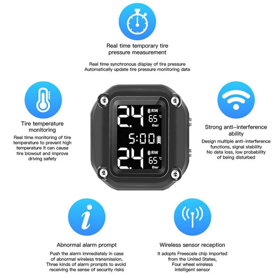Sistema inalámbrico de monitor de presión de neumáticos TPMS para motocicleta pantalla portátil con sensor Foto 4 de 4
