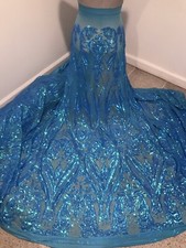 Turquoise Iridescent 4way stretch sequins Lace fabric 50 Width 1 Yard