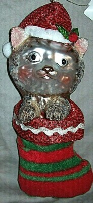 NEW ~ Glass Kitty Cat In Plush Stocking Christmas Ornament ~ Wearing Festive Hat