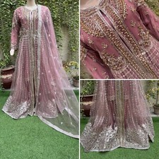 Pakistani Tea Pink long Gown shirt Style Embroidered Sequins Dress,L