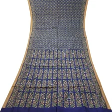 Namaste Vintage Blue Sarees 100% Pure Silk Floral Printed Sari 5YD Craft Fabric