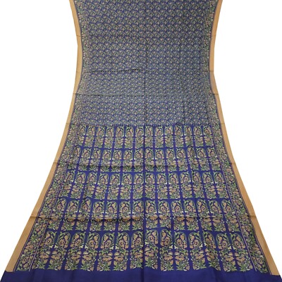 Namaste Vintage Blue Sarees 100% Pure Silk Floral Printed Sari 5YD Craft Fabric