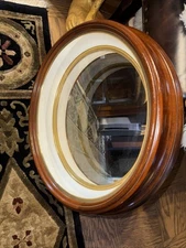 Rare Antique Inset Mirror Wavy Looking Glass Walnut Cream Gold Gilt Oval