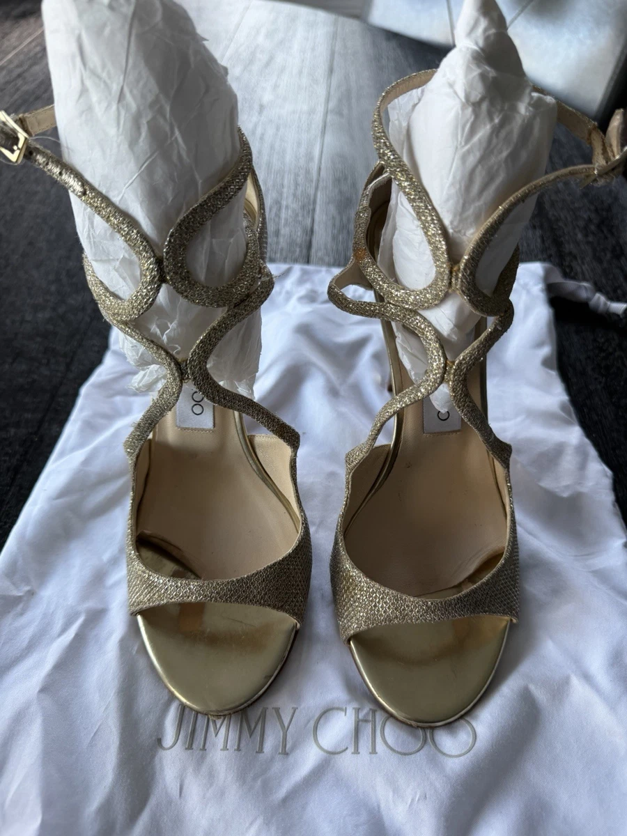 Jimmy Choo Gold Glitter Strappy Ankle Strap Stiletto Open Toe