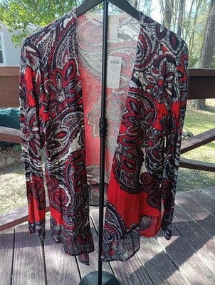 Chico's Women's Priya Cardigan Sweater Size 2 Red and Black Long Sleeve