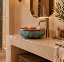 Moroccan Oxidized Brass Vessel Sink, Handmade Green Patina Bathroom Basin