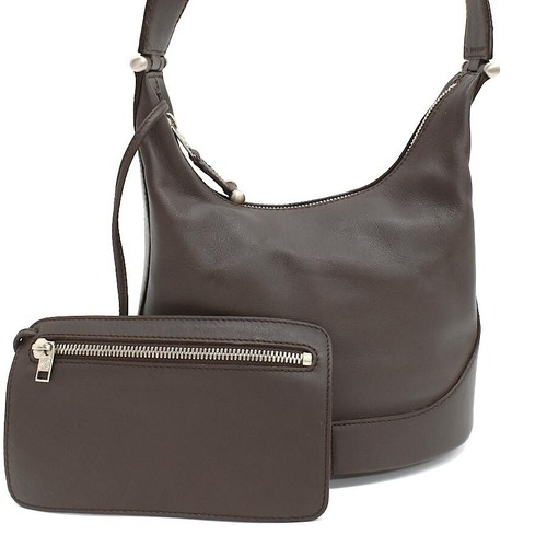 LOEWE Anagram Leather Dark Brown Shoulder Bag Silver Hardware Pouch Auth