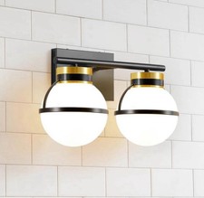Gold Bathroom Fixture, 2 Light Vanity Light with Milky Frosted, Glass Ball Shade