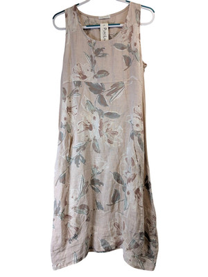 Puro Lino Linen Dress Women sz L Asymmetric Midi Boho Floral Side Stretch Italy