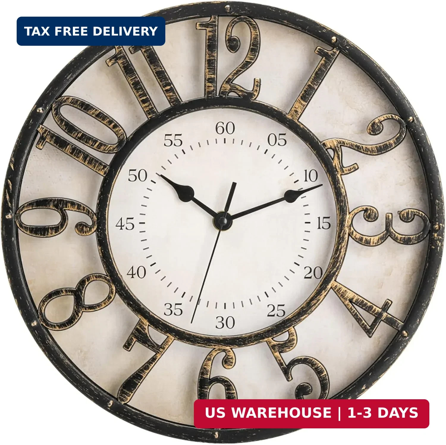12 Inch Retro Wall Clock, Silent Non-Ticking Battery Operated Movement Decorativ