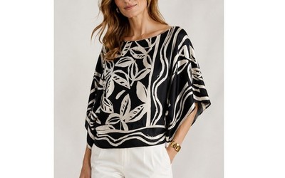 Y2K Cache 100% Silk Floral Batwing Blouse Black White Size S