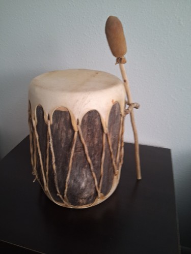 Native American Rawhide Log Double Sided W/ Mallet Ceremonial Pow Wow Drum 10”H