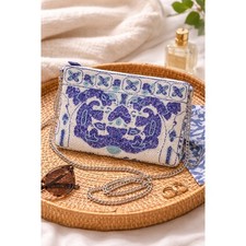 Antica Sartoria Beaded Clutch Crossbody  Handmade Italy Blue  White