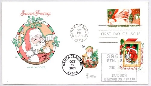SEASON'S GREETINGS #2064 #3540 SANTA CLAUS NAKANO PERFINS COMBO CANADA FDC