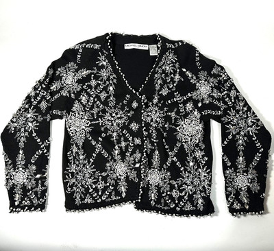 Michael Simon Vintage Beaded Cardigan Sweater Womens Sz 1 Black Pearl Sequin '94