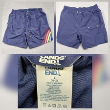 Lands End Mens Swim Trunks Large Blue Elastic Waist Lined Stripe Side