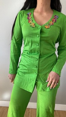 Vintage 70s Pixie of California 2 Piece Pant Suit Green Boho Hippie Womens Med