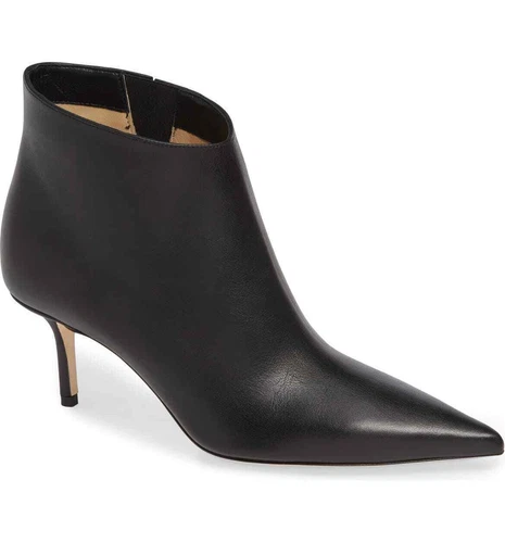 $1050 JIMMY CHOO Marinda Pointy Toe Bootie Black HEEL LEATHER 37 (SE24)
