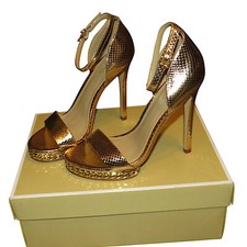 Michael Kors Jordyn Gold Leather Ankle Strap Chain Detail Platform Heels Size 6