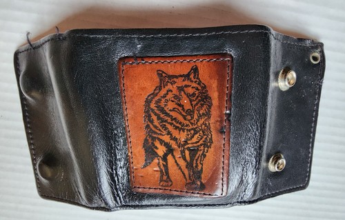 Vintage Leather Biker WOLF Trifold Wallet with Chain Hole, Snap Closure