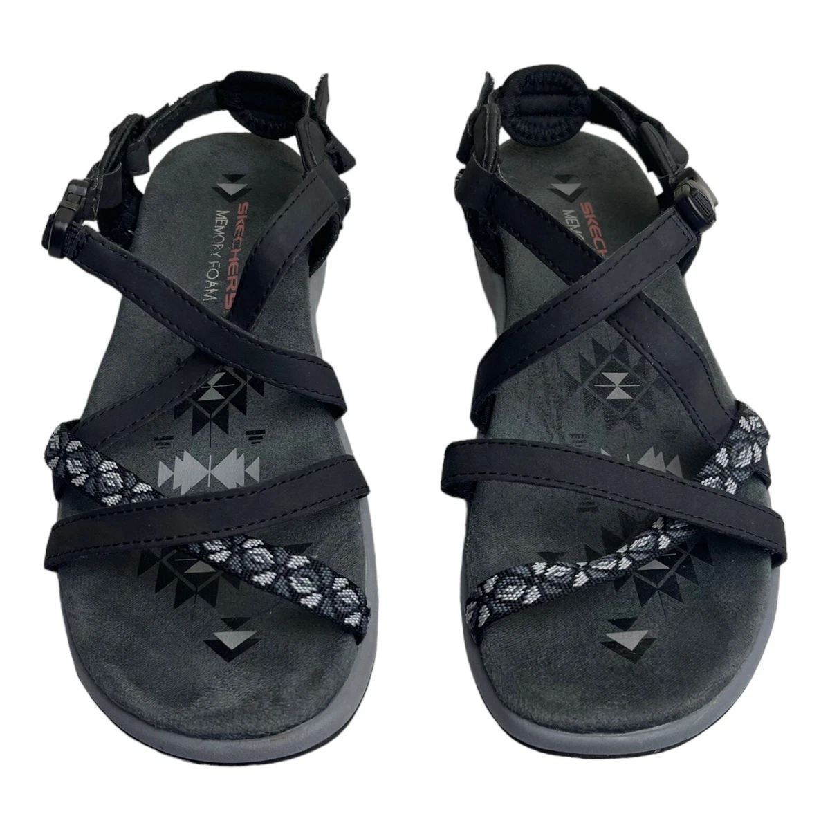 ✓Sketchers Memory Foam Sandals Flats Sling Back Comfort Black Women Size 6