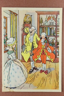Floor clock. Owl. Wigs, lush costumes. Nutcracker. Russian Postcard 1958 