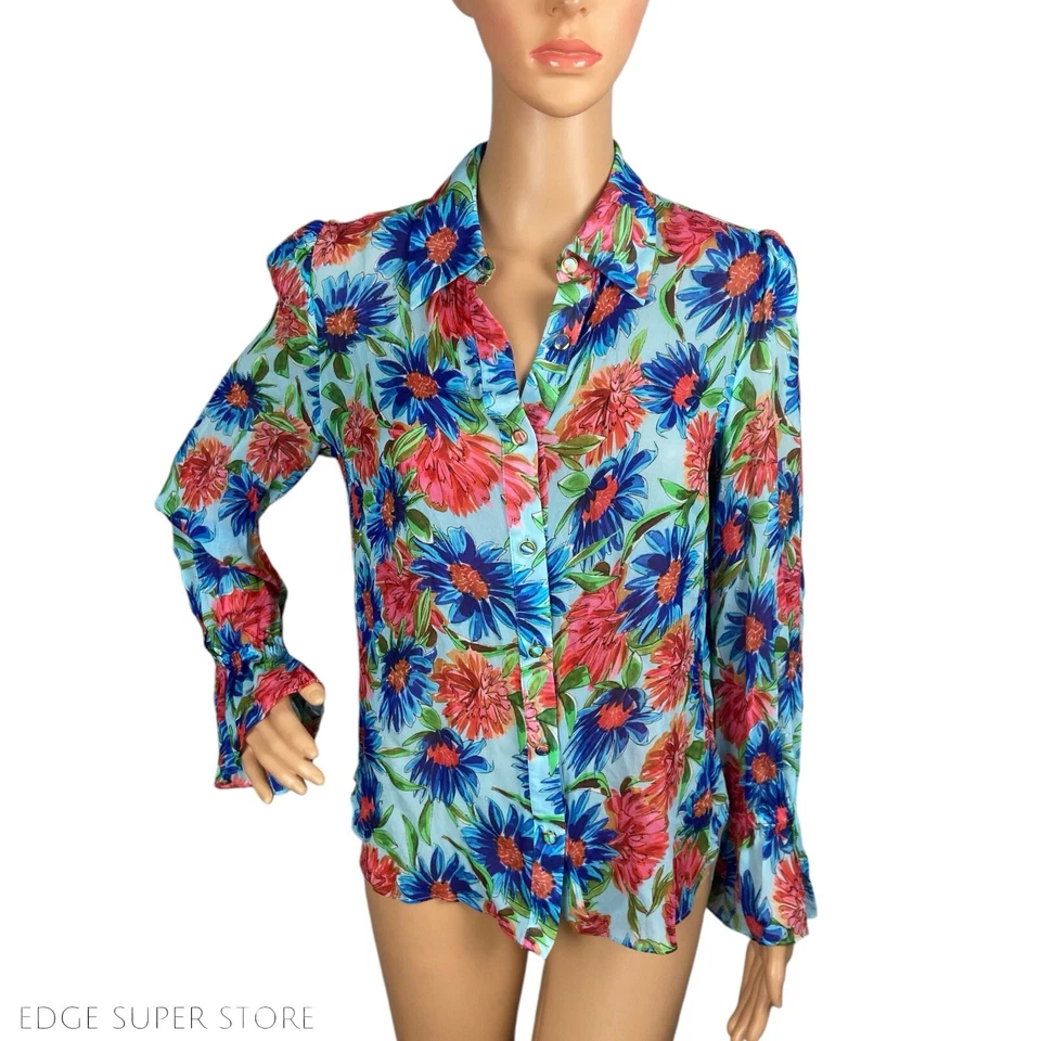 Blusa Top Milly Elyda Pintada Dalia Gasa Floral Azul Abotonada Talla Pequeña Foto 2 de 4