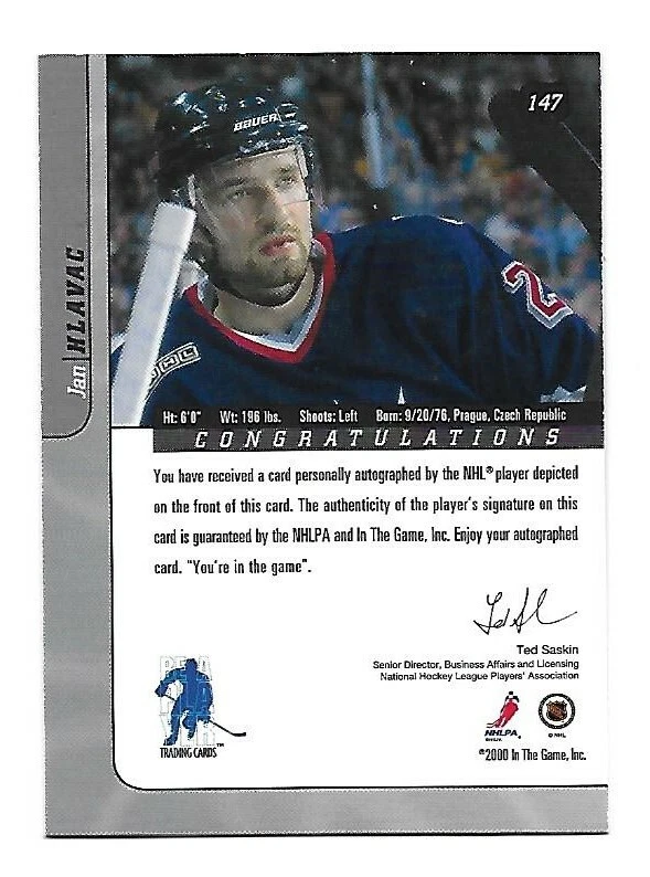 2001 In The Game Sigmature Series Jan Hlavac Auto  #147  Rangers - Image 2 of 2